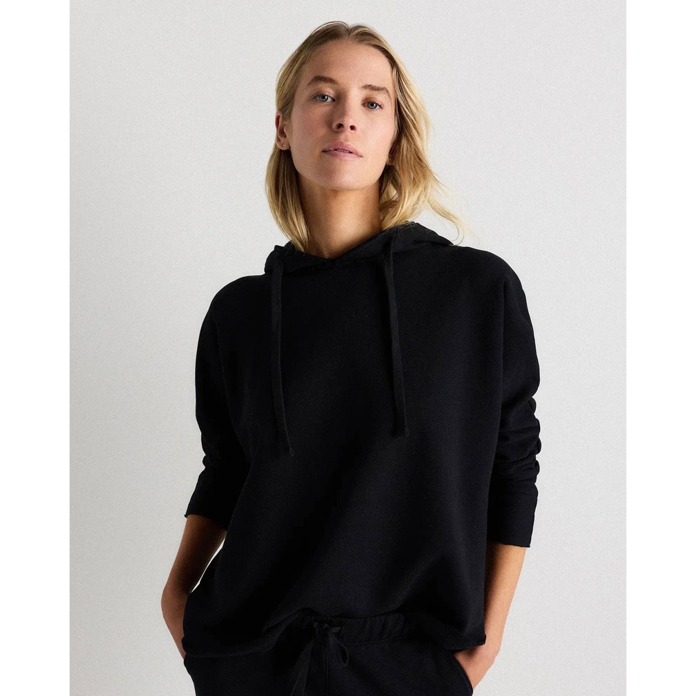 Quince Women Black Organic French Terry Hoodie Raw Edge Pullover Medium NWT